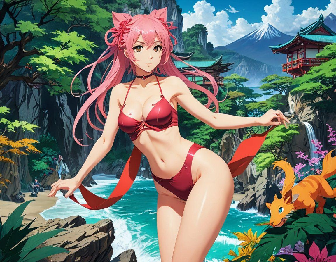 A visually captivating collage representing the essence of hentai and anime adult content. Include colorful, stylized characters in various poses inspired by anime aesthetics, surrounded by exotic landscapes and abstract shapes that convey fantasy and desire. The overall atmosphere should be playful yet provocative, with a focus on artistic expression rather than explicitness. soft focus, vibrant colors, anime style.
